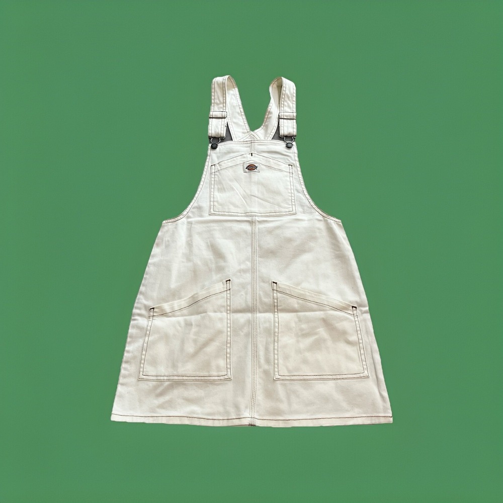 Dickies Bib Overall Dress Womens‎ XS Off White Utility Workwear Pinafore Skirt